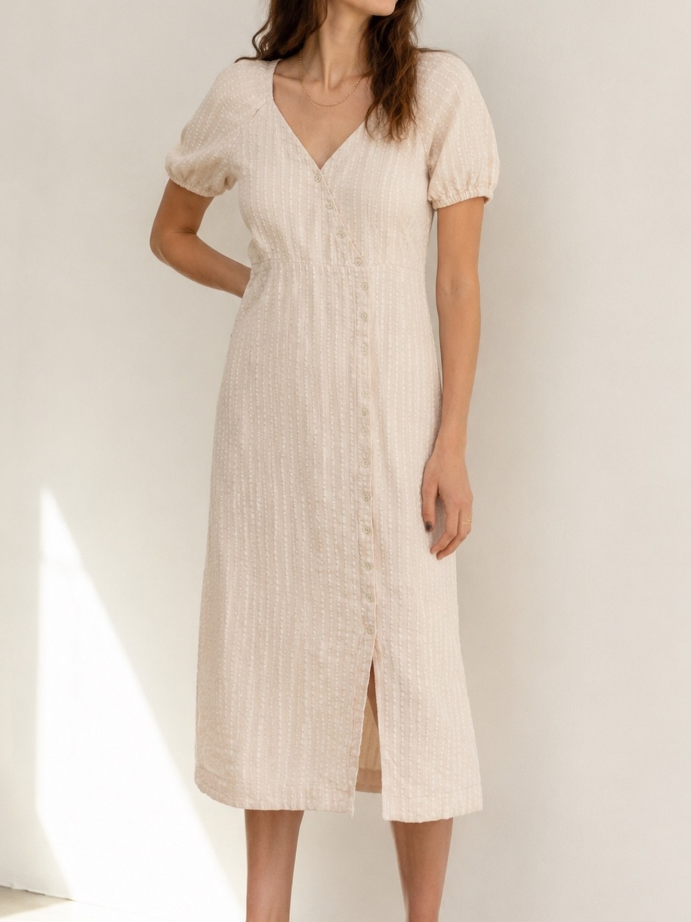 Madewell Puff Sleeve Button Wrap Linen Midi Dress Natural Stripe 14